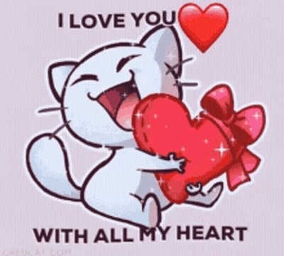 Cartoon Cat Holding Red Heart Saying I Love You With All My Heart GIF