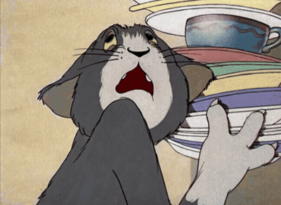 Cartoon Cat Holding Stack Of Dishes GIF