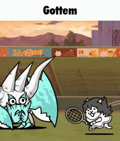 Cartoon Cat Holding Tennis Racquet Against Dragon With Horns GIF