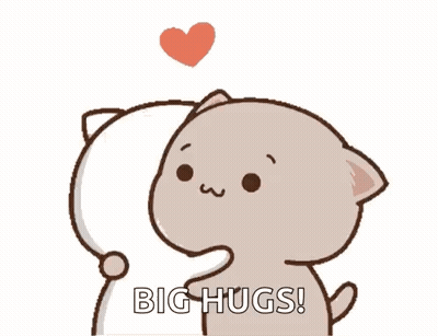 Cartoon Cat Hugging Pillow With Heart Saying Big Hugs GIF