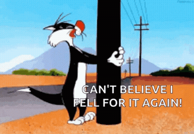 Cartoon Cat Hugging Power Pole Saying Can't Believe I Fell For It Again GIF