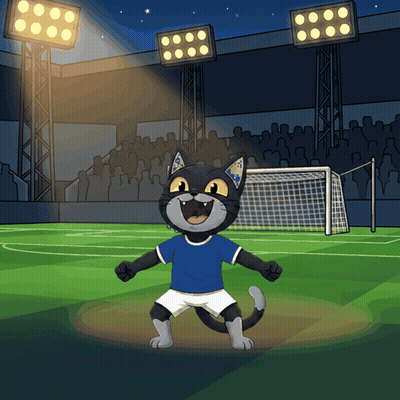 Cartoon Cat In Blue And White On Soccer Field GIF