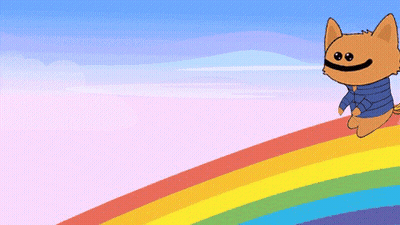 Cartoon Cat In Blue Shirt Standing On Rainbow GIF