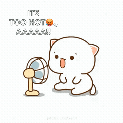 Cartoon Cat In Front Of Fan Saying Too Hot GIF