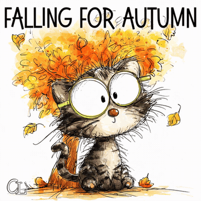 Cartoon Cat In Glasses Under Tree Falling For Autumn GIF