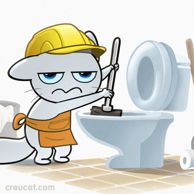 Cartoon Cat In Hard Hat Plunging Toilet GIF