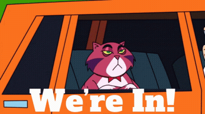 Cartoon Cat In Orange Car Saying We're In GIF