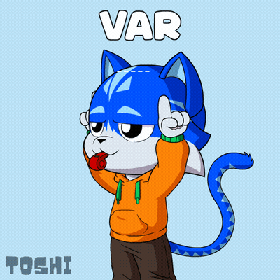 Cartoon Cat In Orange Hoodie With Var Above GIF