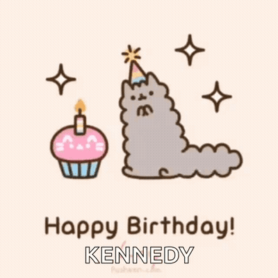 Cartoon Cat In Party Hat With Cupcake And Candle GIF
