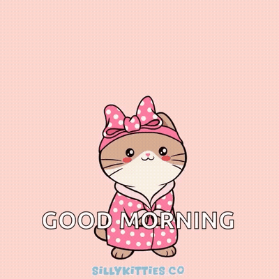 Cartoon Cat In Pink Polka Dot Pajama Saying Awesome Good Morning GIF