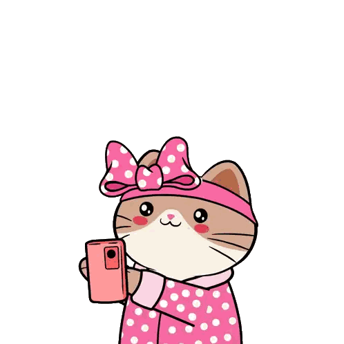 Cartoon Cat In Pink Polka Dot Robe Holding Cell Phone Sticker