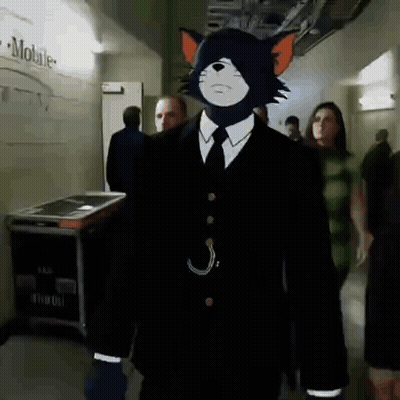Cartoon Cat In Suit Walking Down Hallway GIF