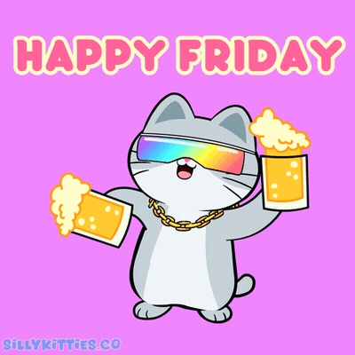 Cartoon Cat In Sunglasses And Chain Holding Two Beers Happy Friday GIF
