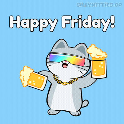Cartoon Cat in Sunglasses Holding Two Beers Happy Friday