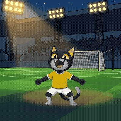 Cartoon Cat In Yellow Shirt And White Shorts On Soccer Field GIF