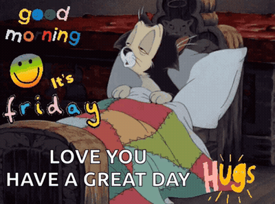 Cartoon Cat Laying in Bed Good Morning It's Friday