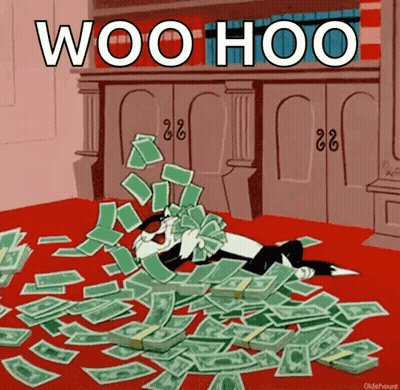 Cartoon Cat Laying On Pile Of Money Saying Woohoo GIF