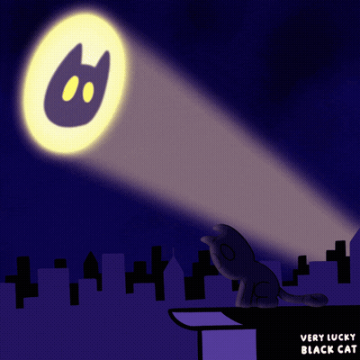 Cartoon Cat Looking Up At Lucky Black Cat Logo GIF