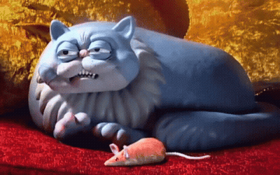 Cartoon Cat Lying On Red Couch Next To Toy Mouse GIF