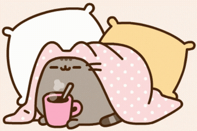 Cartoon Cat Lying Under Blanket Holding Coffee GIF
