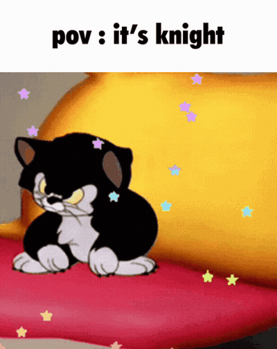 Cartoon Cat On Red Pillow Saying Pov It's Knight GIF