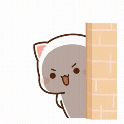 Cartoon Cat Peeking Behind Brick Wall Holding Donut GIF