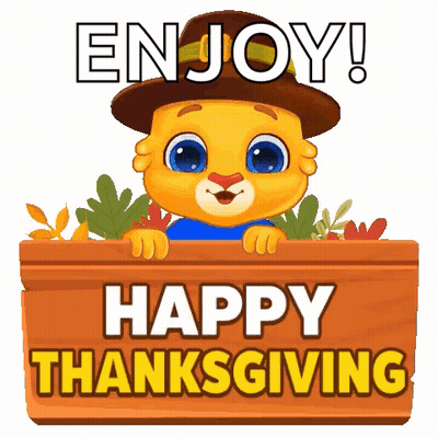 Cartoon Cat Peeking Over Sign Saying Enjoy Happy Thanksgiving GIF