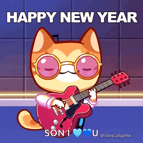 Cartoon Cat Playing Guitar Happy New Year GIF