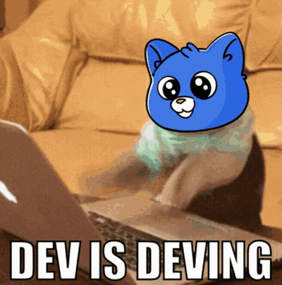 Cartoon Cat Sitting at Laptop Dev Is Deving