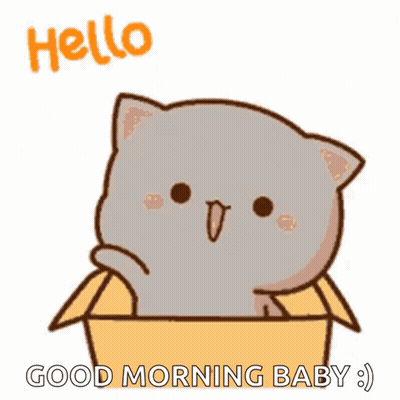 Cartoon Cat Sitting In Cardboard Box Saying Good Morning Baby GIF