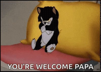 Cartoon Cat Sitting On Bed Saying Youre Welcome Papa GIF