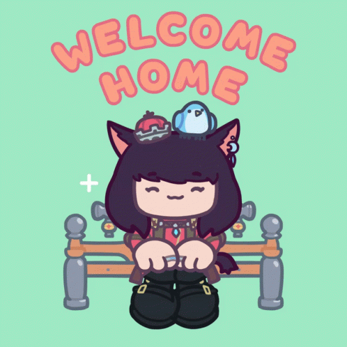 Cartoon Cat Sitting On Bench Welcome Home GIF