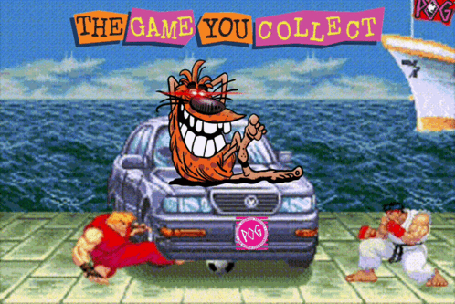 Cartoon Cat Sitting On Car Hood Next To Sign The Game You Collect GIF