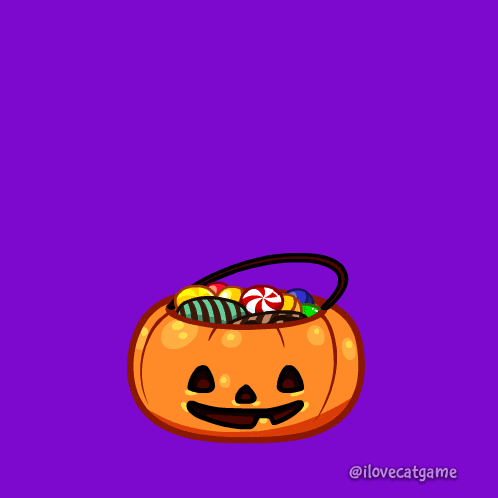 Cartoon Cat Sitting On Pumpkin With Candy And Boo GIF
