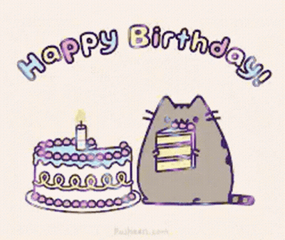 Cartoon Cat Standing Next To Birthday Cake With Candle GIF