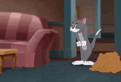 Cartoon Cat Standing Next To Couch And Dust Pile GIF