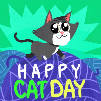 Cartoon Cat Standing On Purple Ball Saying Happy Cat Day GIF