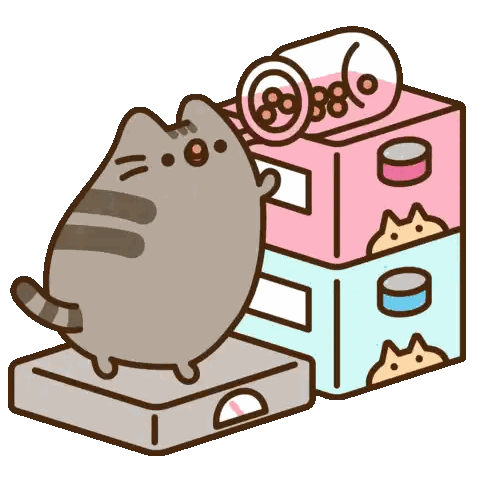 Cartoon Cat Standing On Scale Next To Pink Boxes Sticker