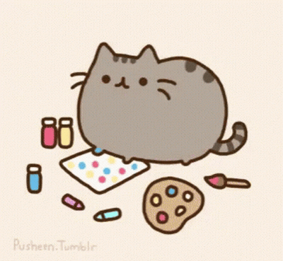 Cartoon Cat Surrounded By Art Supplies And Palette GIF