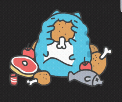 Cartoon Cat Surrounded By Food Including Meat GIF