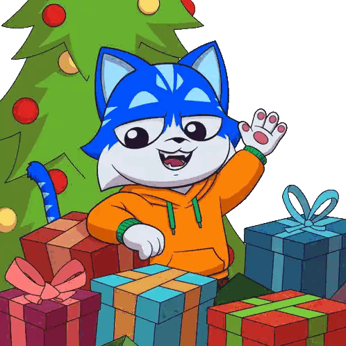 Cartoon Cat Waving Christmas Tree Gifts Sticker