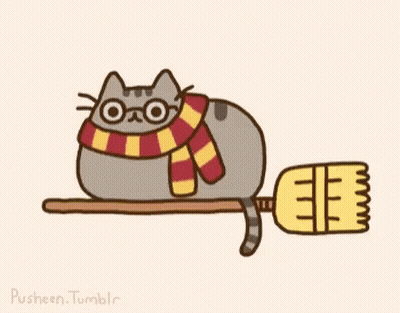 Cartoon Cat Wearing Glasses And Scarf Riding Broom GIF