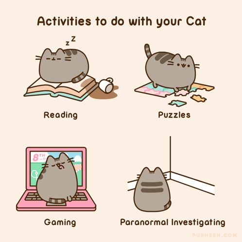 Cartoon Cat With Activities Reading Puzzles Gaming GIF