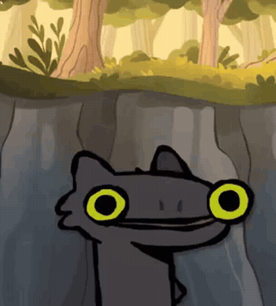 Cartoon Cat With Big Yellow Eyes Standing Next To Tree In Woods GIF
