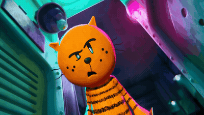Cartoon Cat With Black Spots In Dark Room GIF