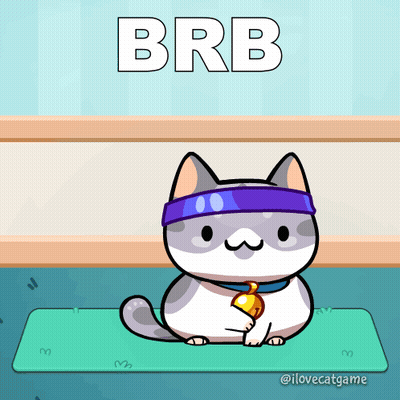 Cartoon Cat With Headband Holding Bell Saying BRB GIF