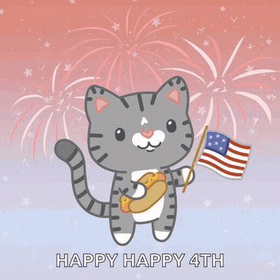 Cartoon Cat With Hot Dog And Flag Saying Happy Happy 4Th GIF