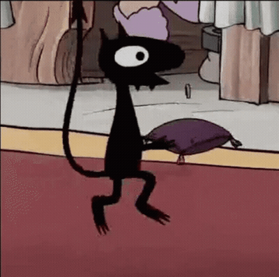 Cartoon Cat With Long Tail Next To Purple Pillow On Red Carpet GIF