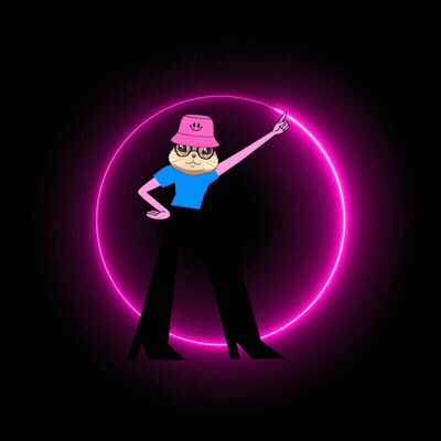 Cartoon Cat With Pink Smiley Hat Pointing GIF
