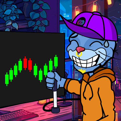 Cartoon Cat With Purple Hat Holding Candlestick Sign GIF